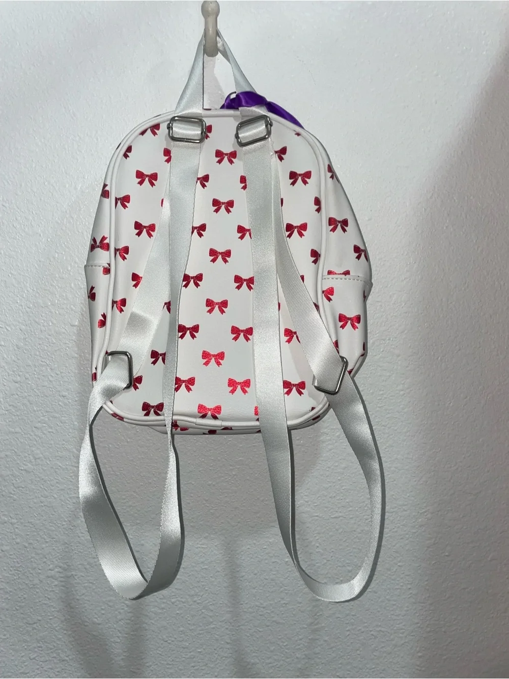 White Mini Backpack and wallet  with Red Bow Print